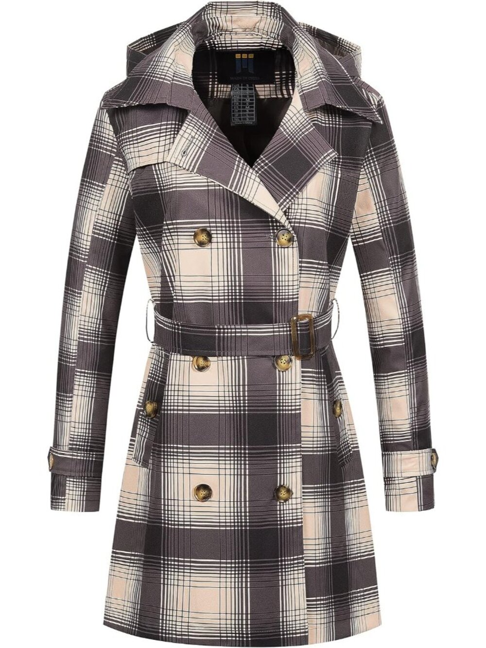 Women's Plaid Polyester Cuff Sleeve Detachable Hood Double-Breasted Trench Coat